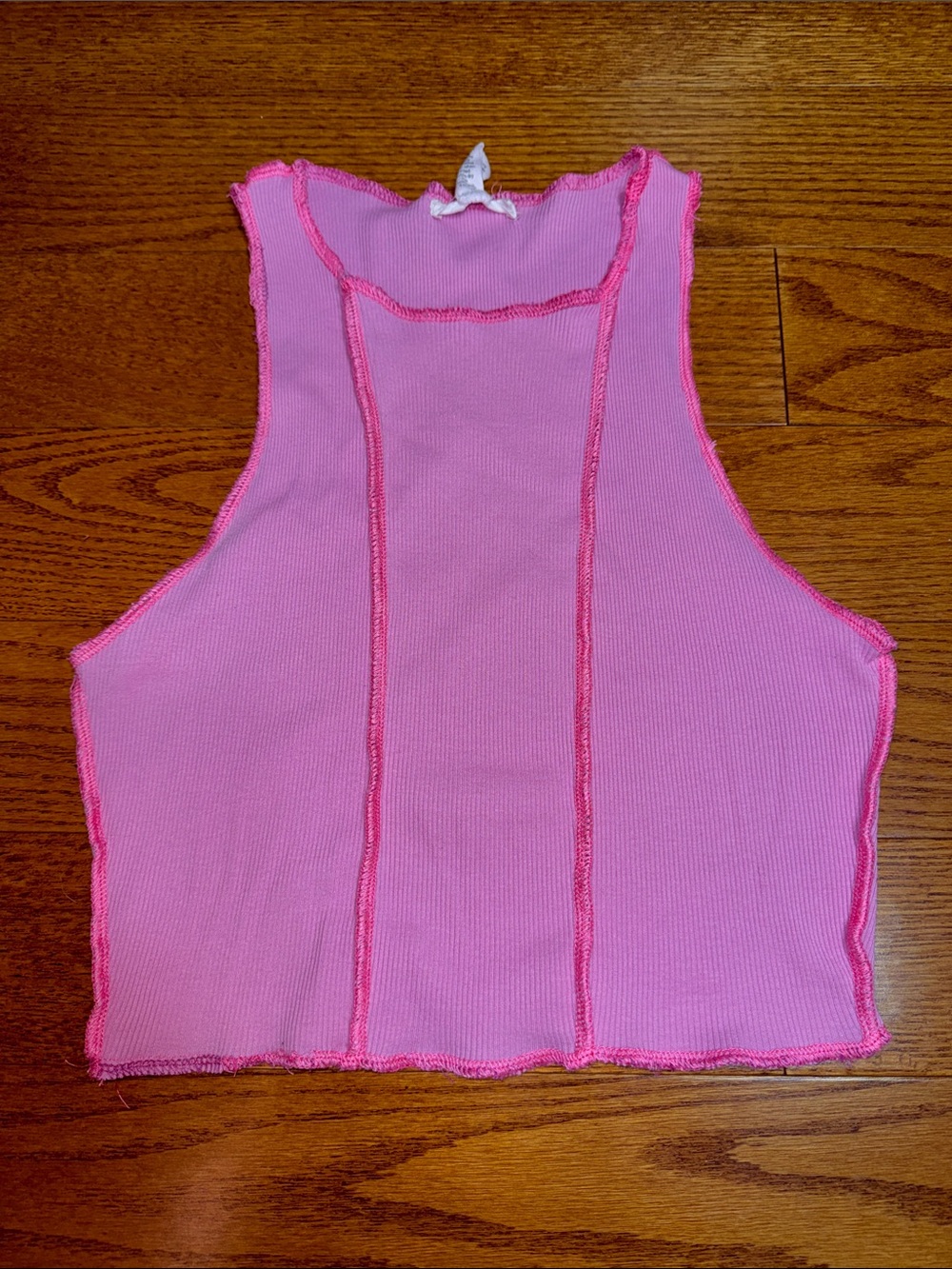 Full Tilt Pink Ribbed Crop Tank with Contrast Seams